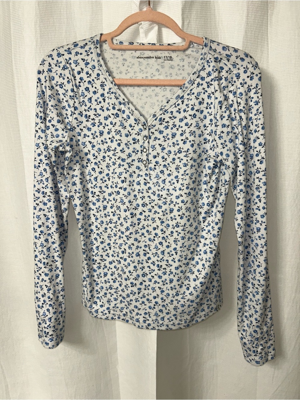 abercrombie kids White Long-Sleeve Henley with Blue Floral Print